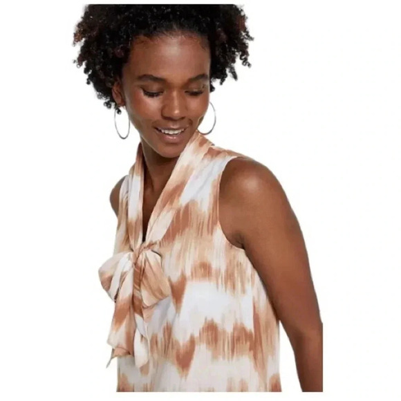 BAR III | Women’s Tie Dye Hazelnut Combo Print Bow Sleeveless Blouse Size L - Picture 7 of 10